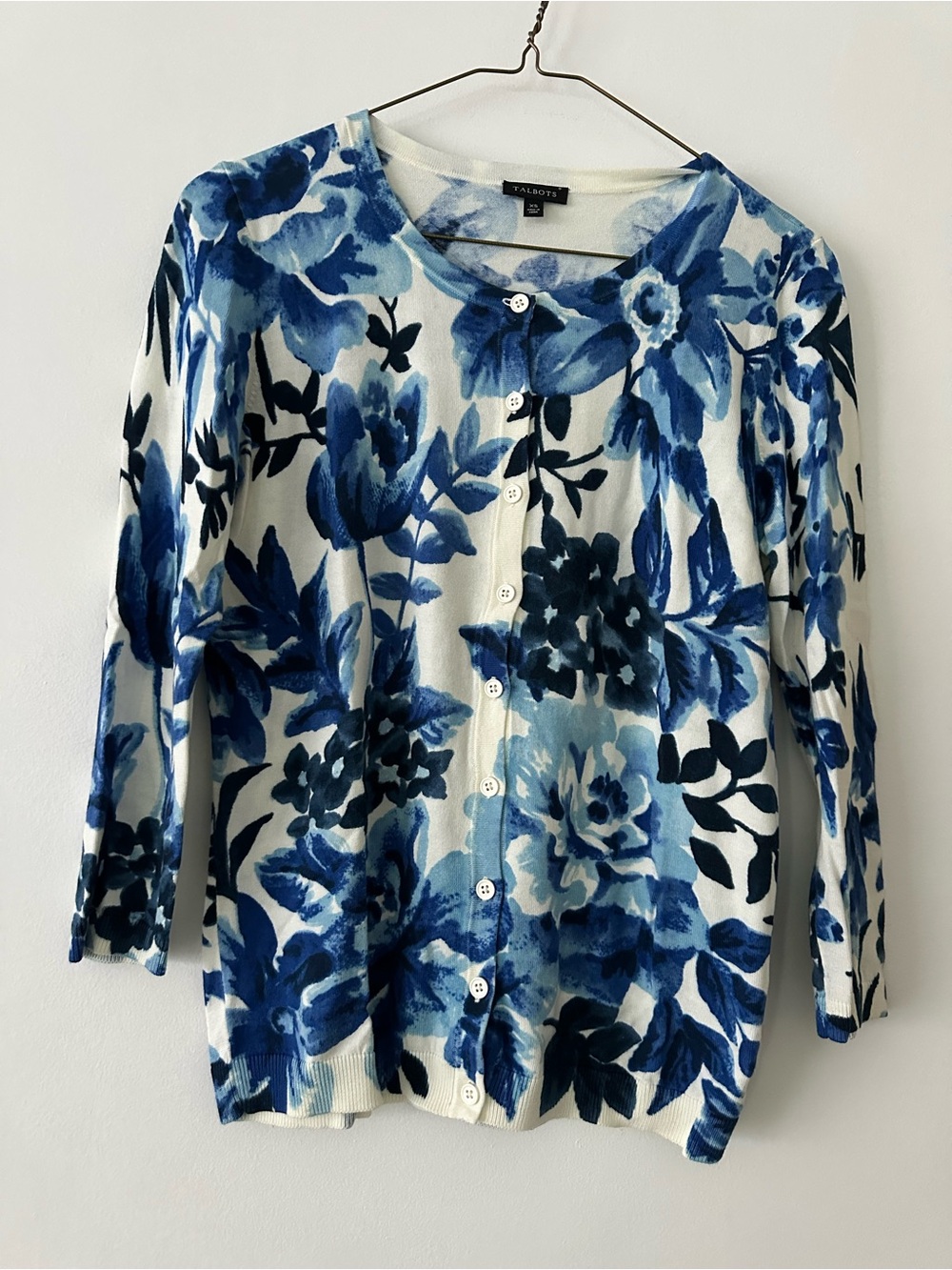 Talbots White and Blue Floral Button-Down Cardigan - Women's